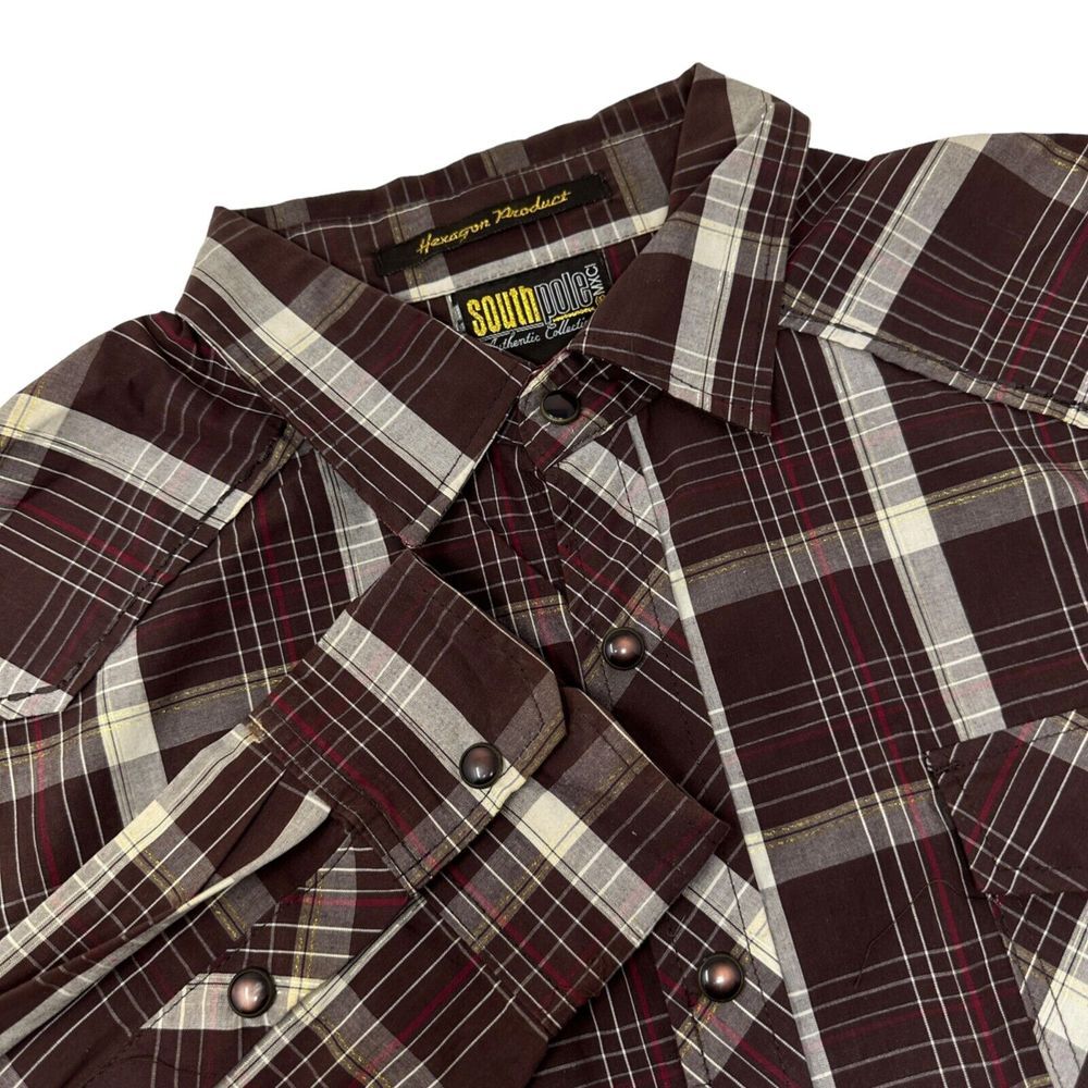 SOUTHPOLE Hexagon‎ Vintage Mens Long Sleeve Snap Front Brown Plaid Size XL
